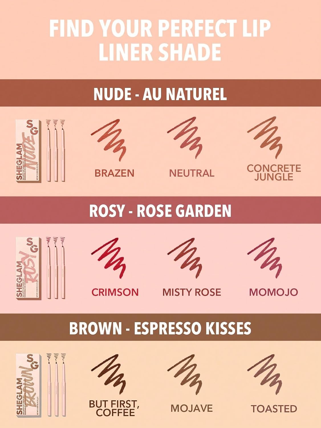 SHEGLAM So Lippy lip liner shade chart with nude rosy and brown shade examples