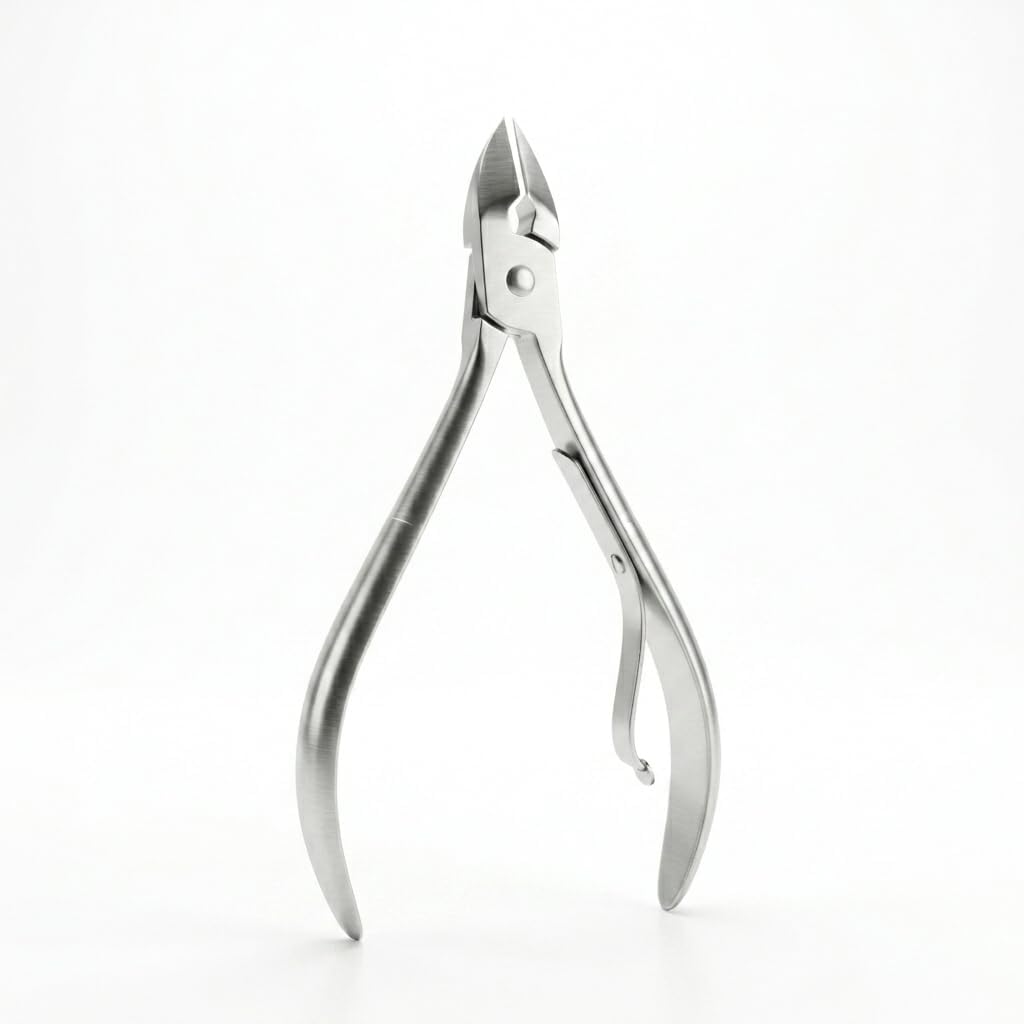Silver stainless steel cuticle nipper on white background