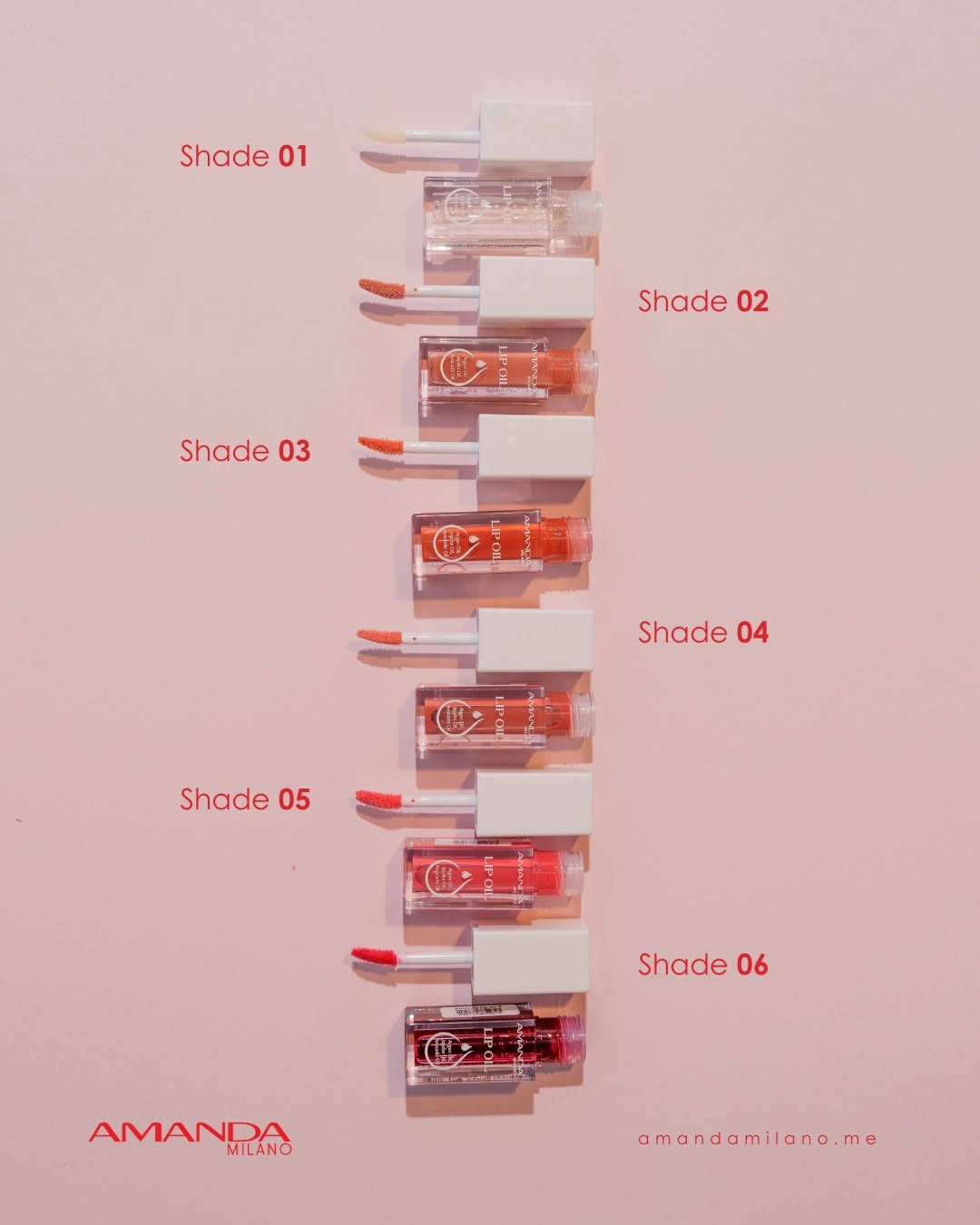 Amanda Milano Lip Oil shade chart showing six shades