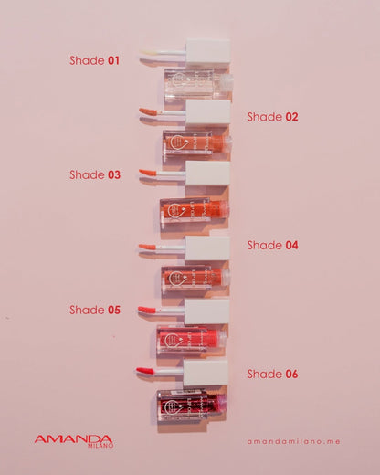 Amanda Milano Lip Oil shade chart showing six shades