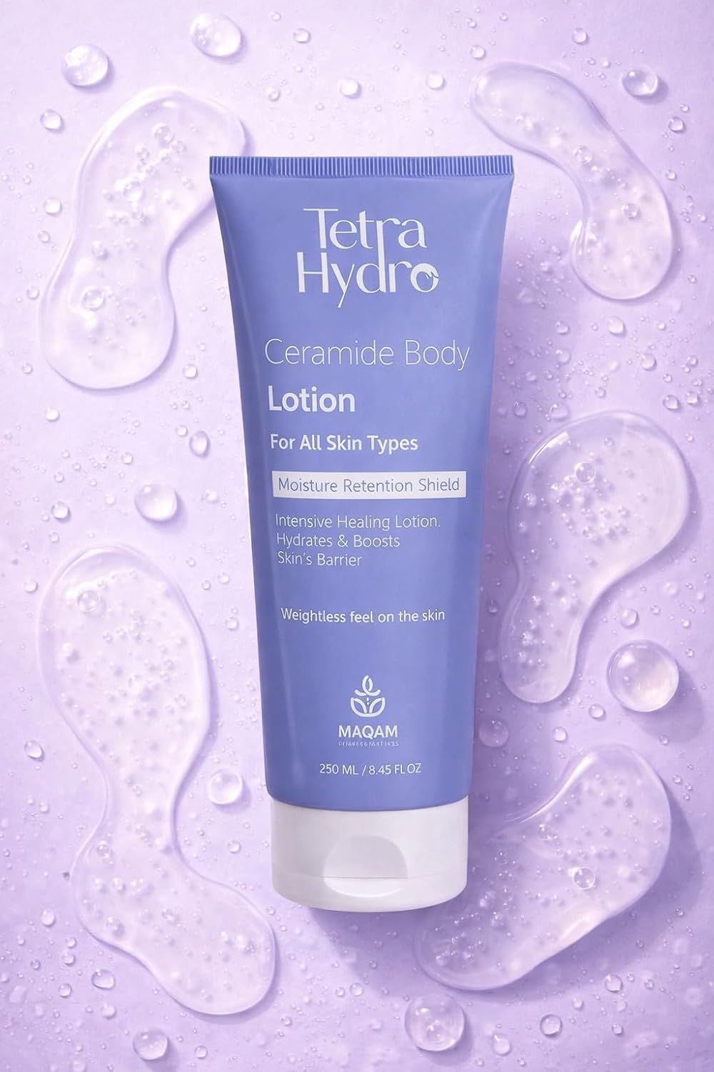 Tetra Hydro Ceramide Body Lotion purple tube against lavender background