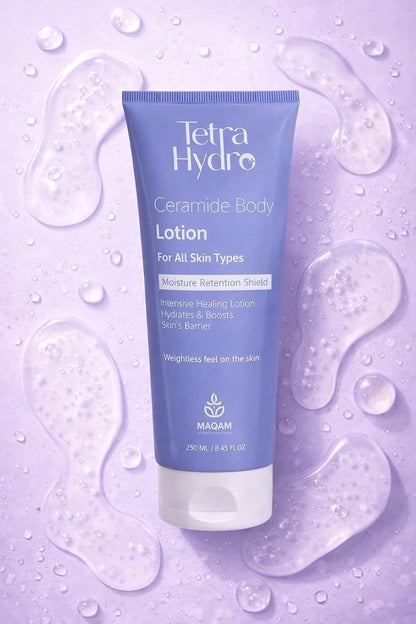 Tetra Hydro Ceramide Body Lotion purple tube against lavender background