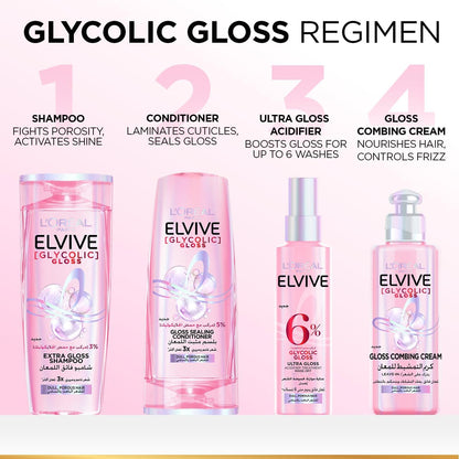 Elvive Glycolic Gloss shampoo promotional image featuring the bottle