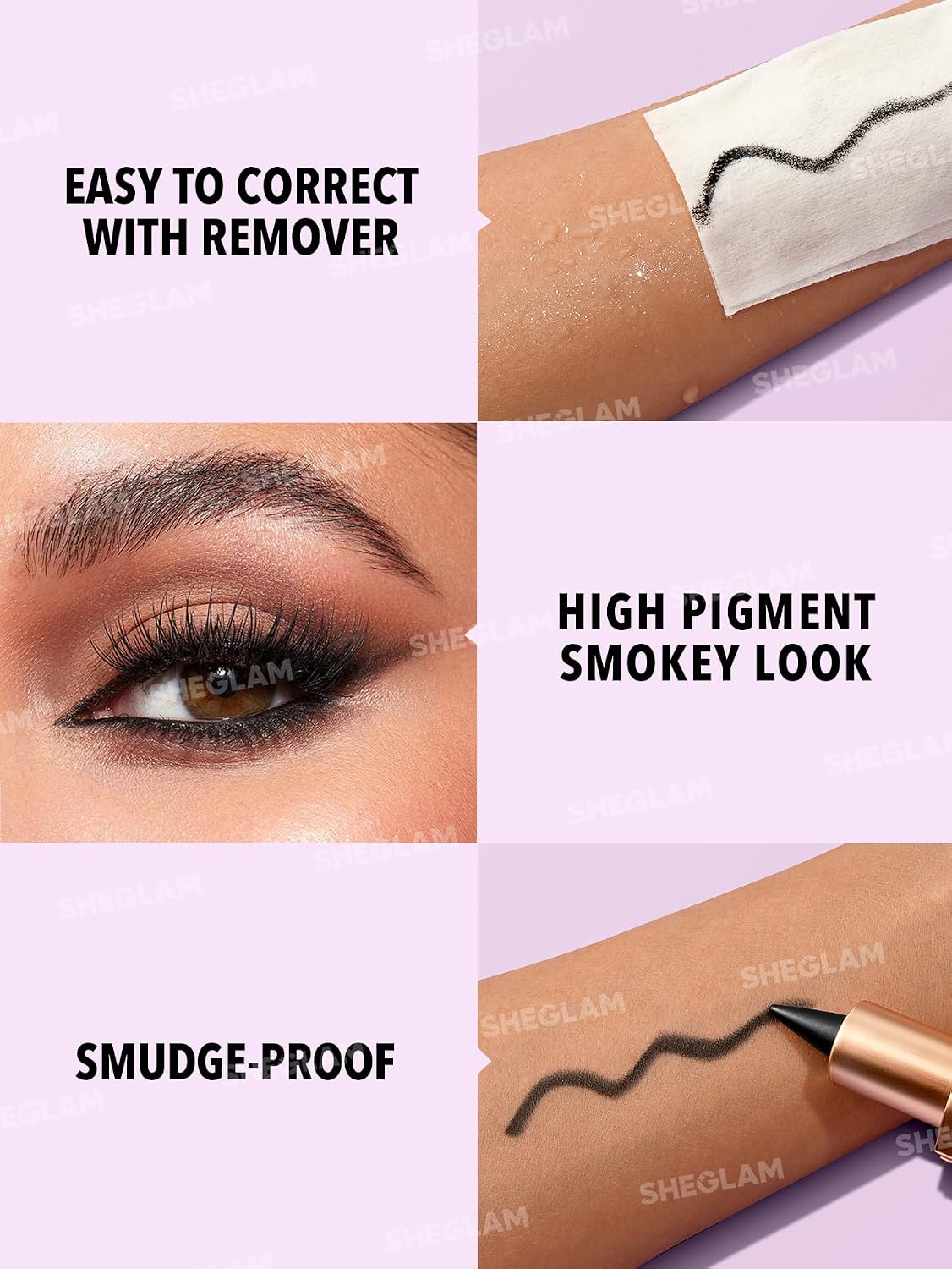 SHEGLAM matte black eyeliner pencil features and smoky eye look