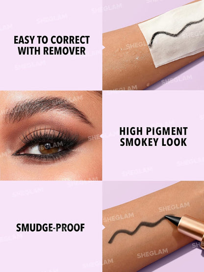 SHEGLAM matte black eyeliner pencil features and smoky eye look