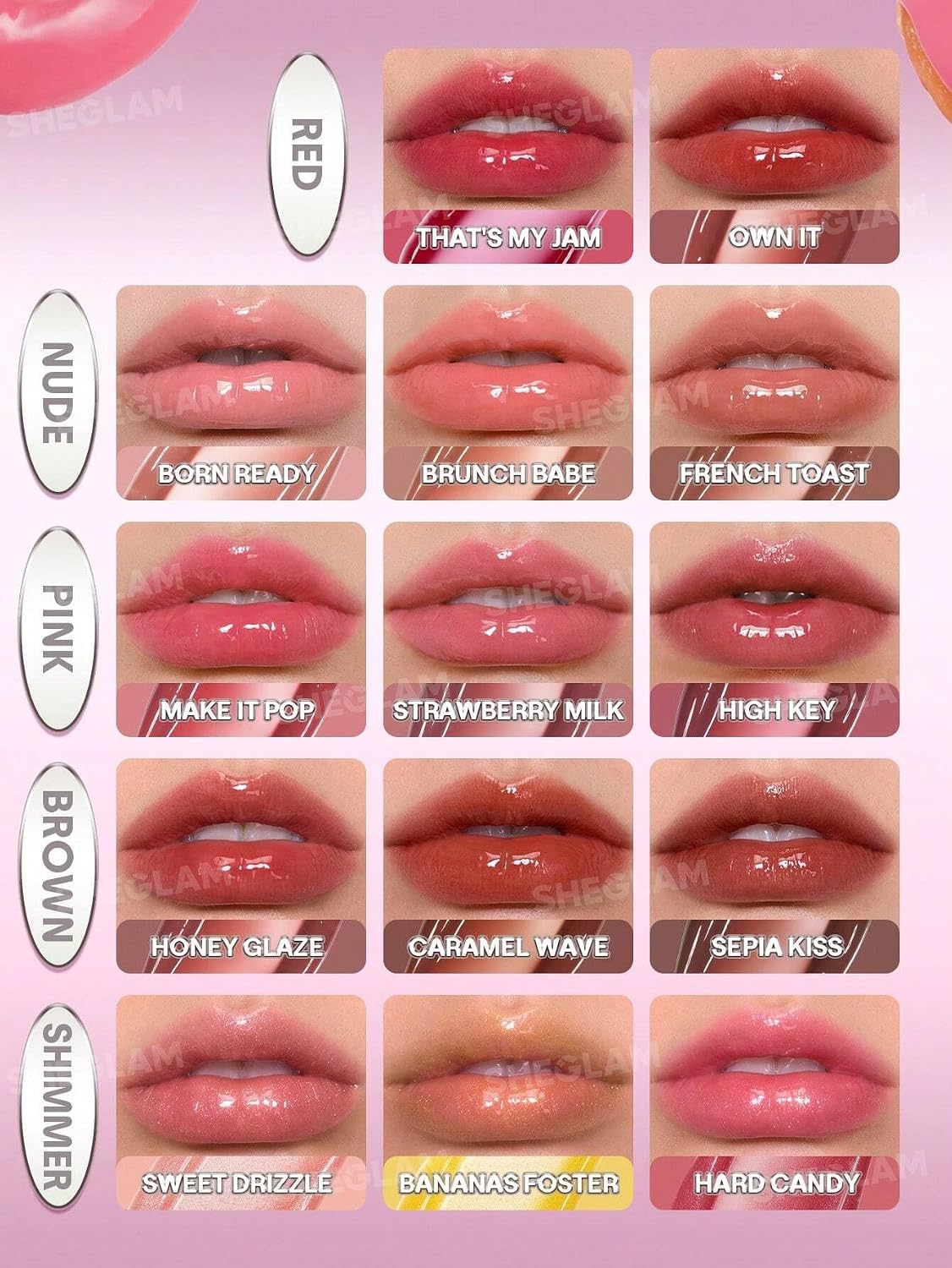 SHEGLAM Glass Lock Air Gloss shade range