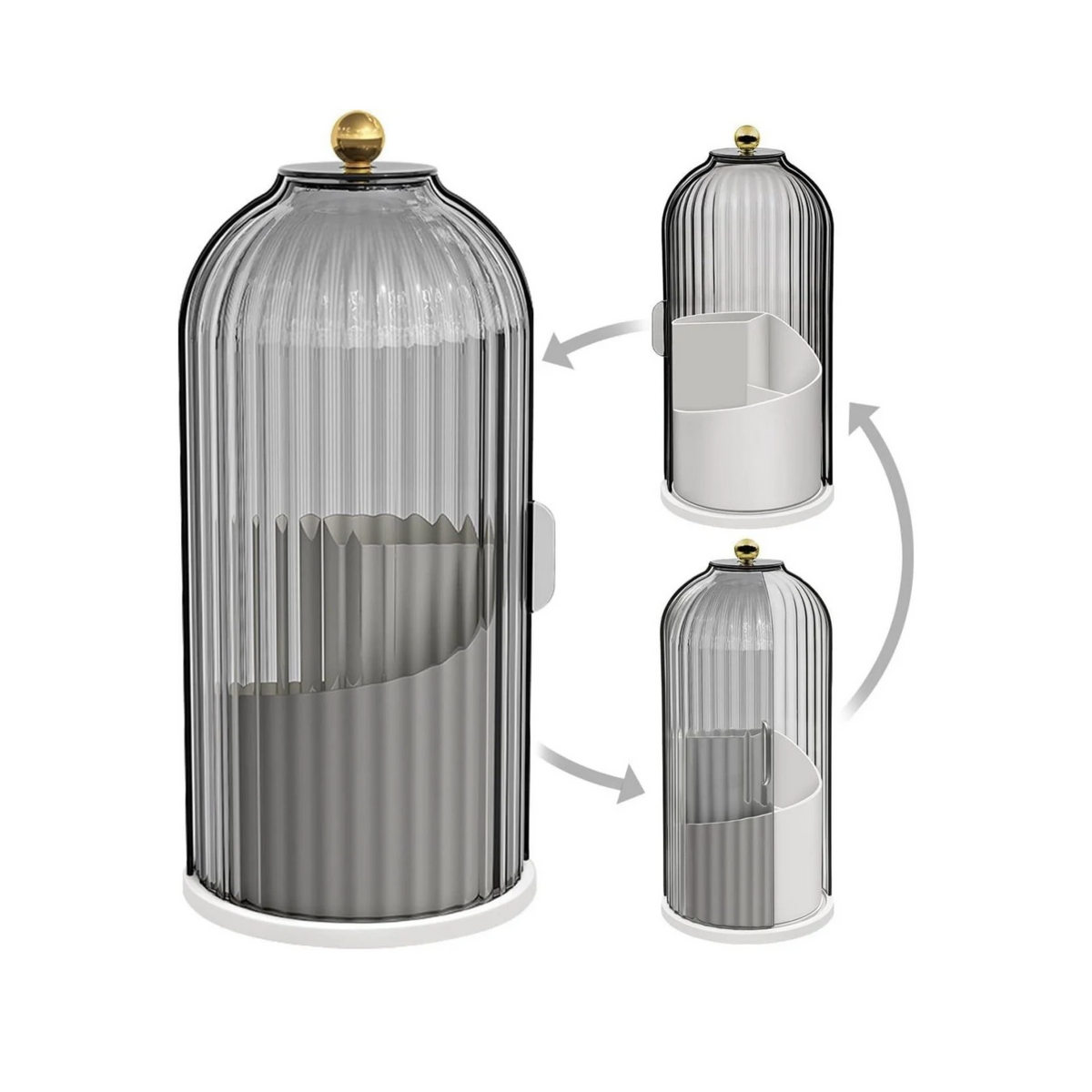 Smoky ribbed rotating makeup brush organizer with white base and gold-tone knob