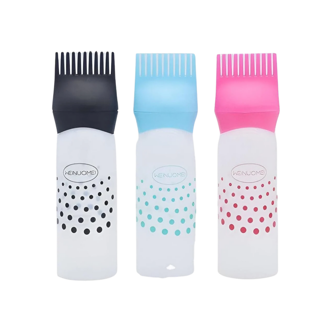 Hair oil applicator bottles with black, blue and pink comb tips