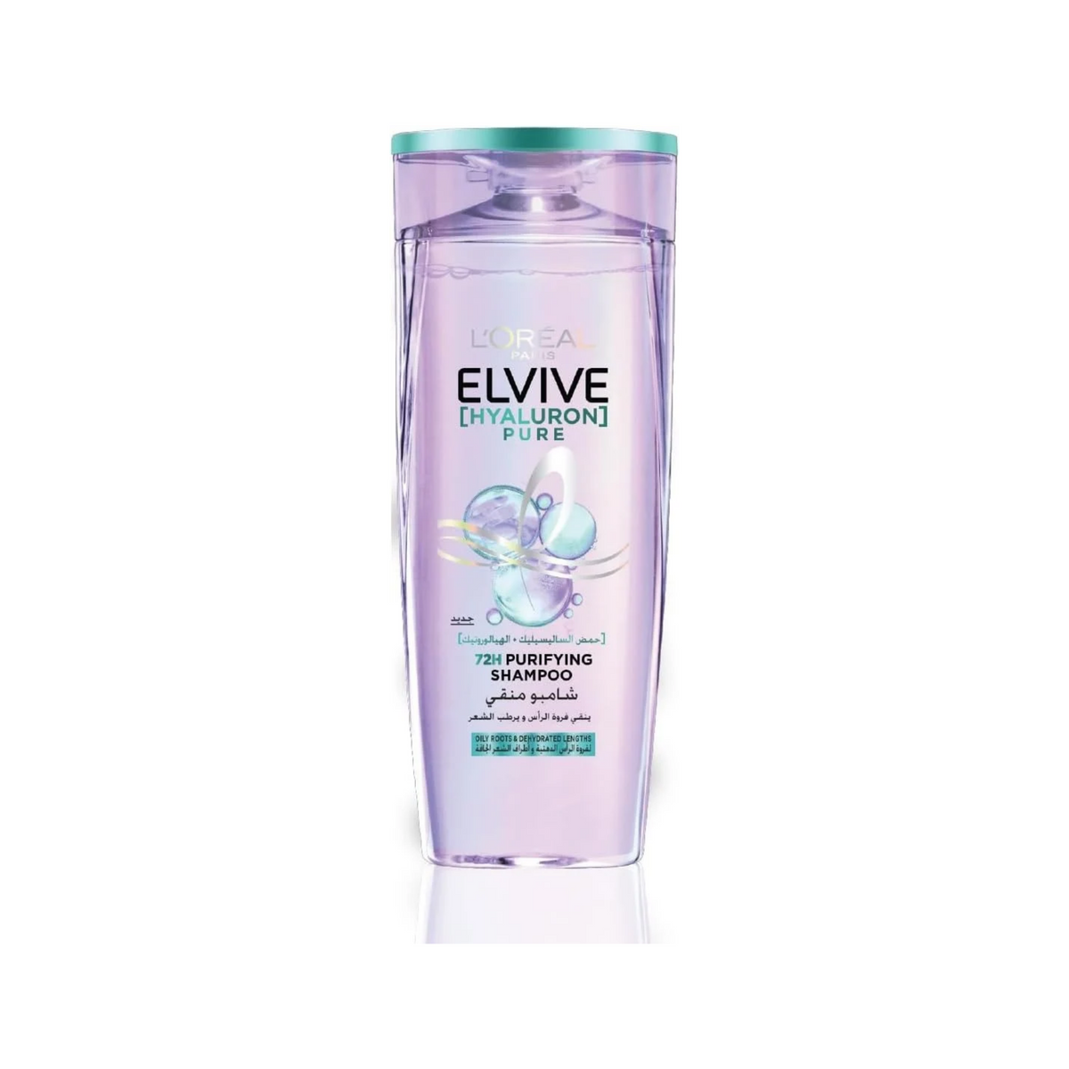 Elvive Hyaluron Pure shampoo promotional image describing cleansing oily roots and hydrating lengths