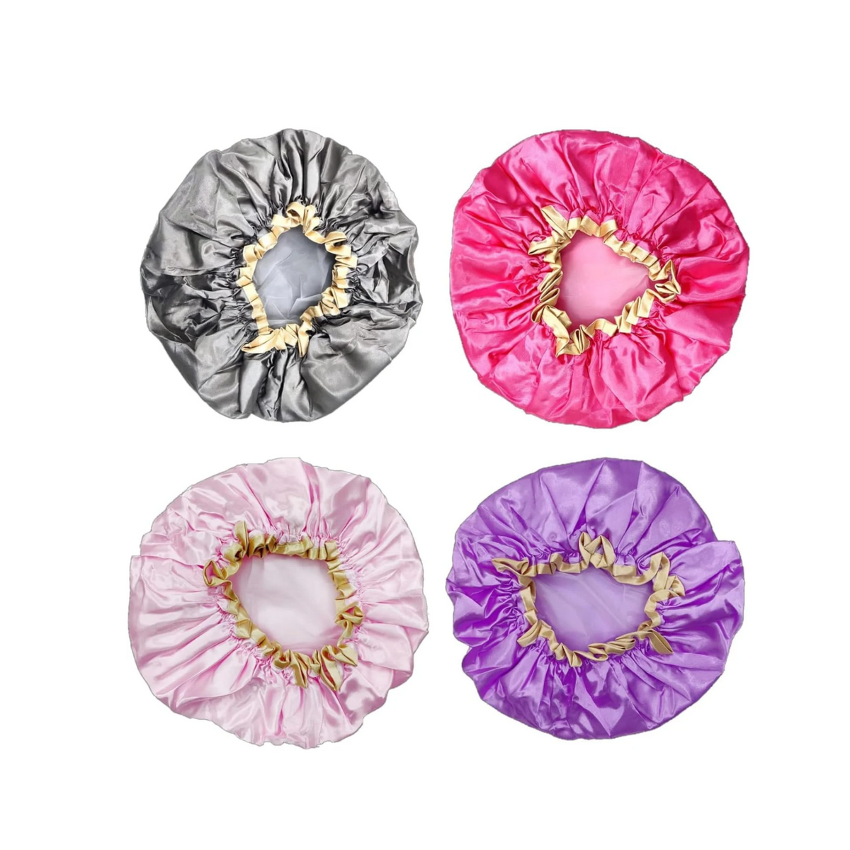 Four double-layer shower caps in grey, pink, pale pink and purple