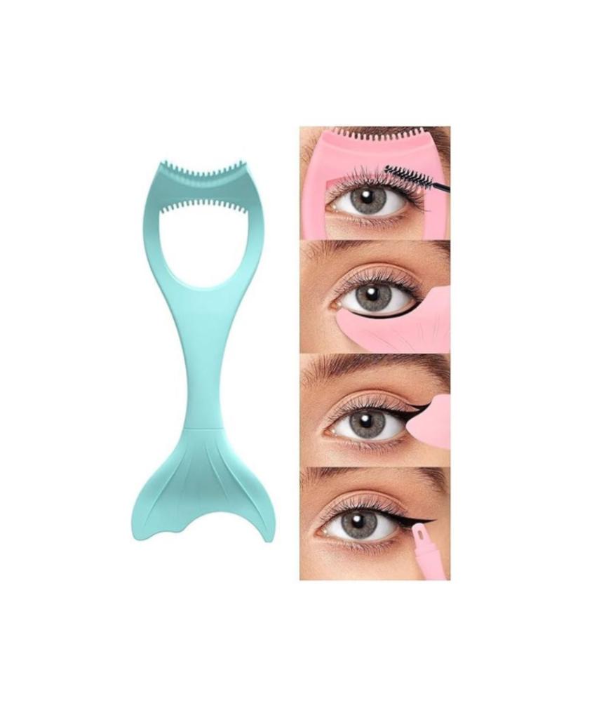 Green eyelash separator tool next to eye makeup use examples