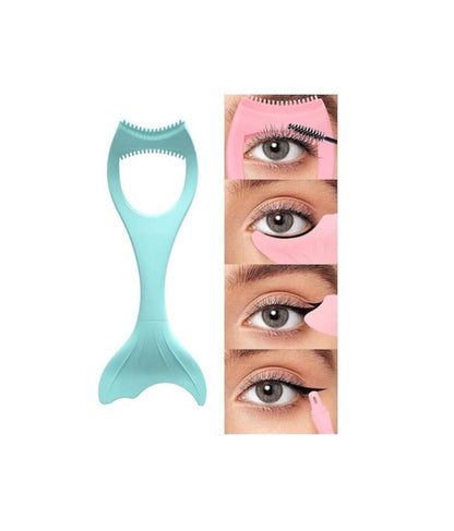 Green eyelash separator tool next to eye makeup use examples