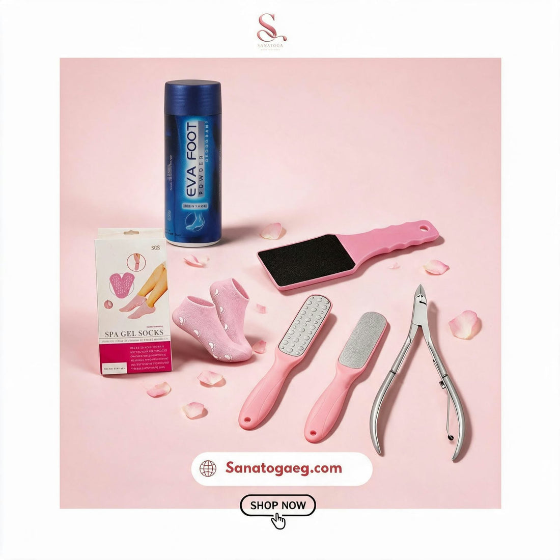 SanaToga Spa Kit with Eva foot powder, pink gel socks, three foot files and a cuticle nipper