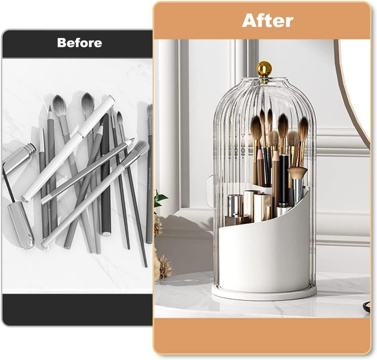Rotating makeup brush organizer shown on vanity in smoky and clear cover finishes